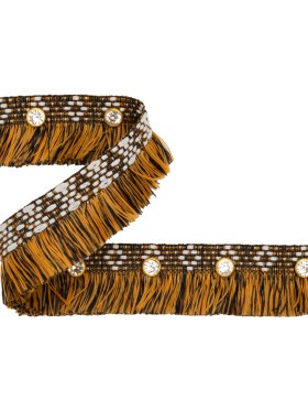 Yaya Han Brush Fringe Trim with Rhinestones – Black, Orange and Gold Geometric, 1.25″ – Cosplay Collection Yaya Han Brush Fringe Trim with Rhinestones – Black, Orange and Gold Geometric, 1.25″ – Cosplay Collection
