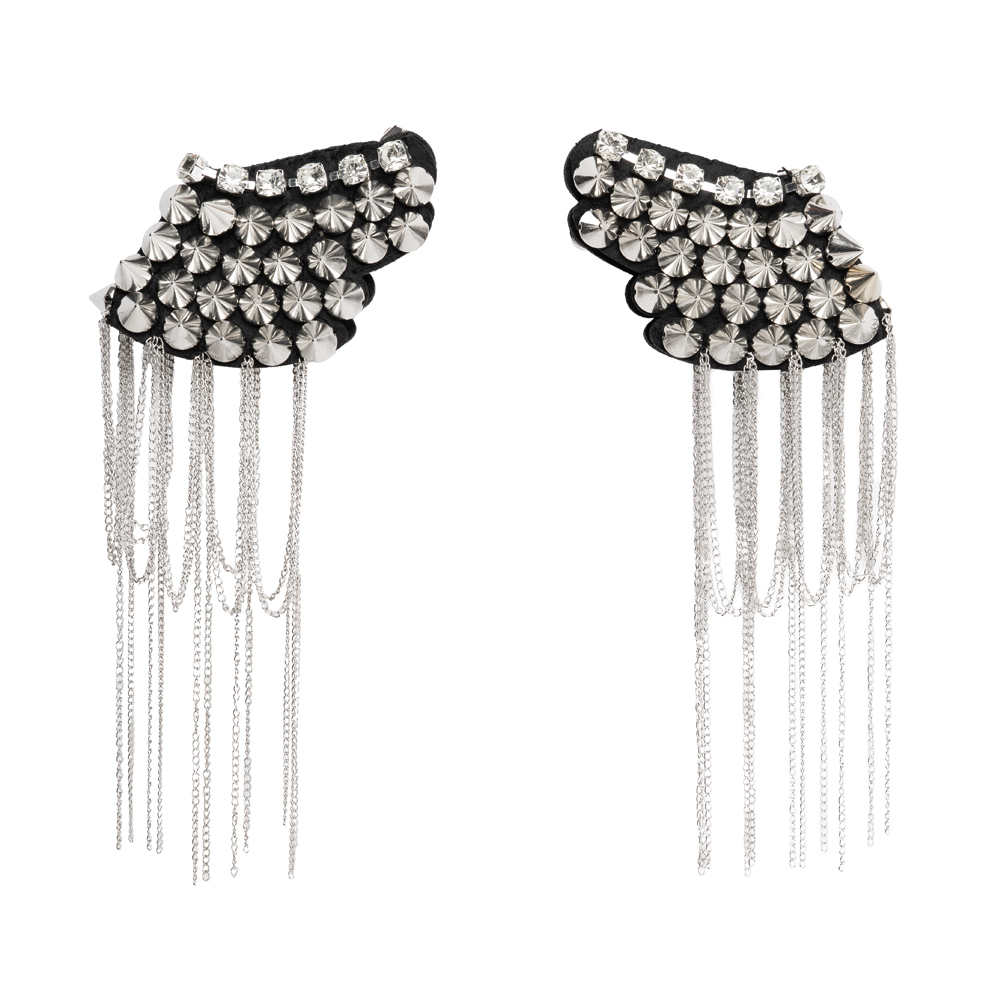 Yaya Han Rhinestones and Spikes Shoulder Epaulettes with Metal Chain Fringe – London Punk Silver and Black, 8.5″ x 4.25″ – Cosplay Collection Yaya Han Rhinestones and Spikes Shoulder Epaulettes with Metal Chain Fringe – London Punk Silver and Black, 8.5″ x 4.25″ – Cosplay Collection