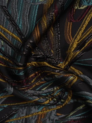 Metallic Polyester and Acetate Brocade – Dusty Teal, Mustard Yellow and Black Bunches of Leaves Metallic Polyester and Acetate Brocade – Dusty Teal, Mustard Yellow and Black Bunches of Leaves