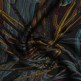 Metallic Polyester and Acetate Brocade – Dusty Teal, Mustard Yellow and Black Bunches of Leaves Metallic Polyester and Acetate Brocade – Dusty Teal, Mustard Yellow and Black Bunches of Leaves