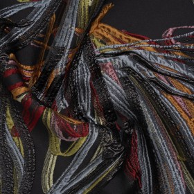 Metallic Polyester and Acetate Brocade – Golden Orange, Dusty Blue and Black Bunches of Leaves Metallic Polyester and Acetate Brocade – Golden Orange, Dusty Blue and Black Bunches of Leaves