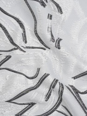 Metallic Polyester and Acetate Brocade – Silver, Charcoal and White Abstracted Flower Outlines Metallic Polyester and Acetate Brocade – Silver, Charcoal and White Abstracted Flower Outlines