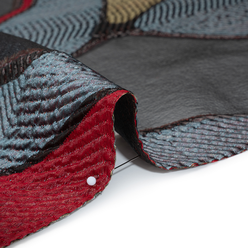 Metallic Rayon and Polyester Burnout Brocade – Tan, Red and Dusty Blue Soft Geometric Abstract Metallic Rayon and Polyester Burnout Brocade – Tan, Red and Dusty Blue Soft Geometric Abstract