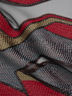 Metallic Rayon and Polyester Burnout Brocade – Tan, Red and Dusty Blue Soft Geometric Abstract Metallic Rayon and Polyester Burnout Brocade – Tan, Red and Dusty Blue Soft Geometric Abstract