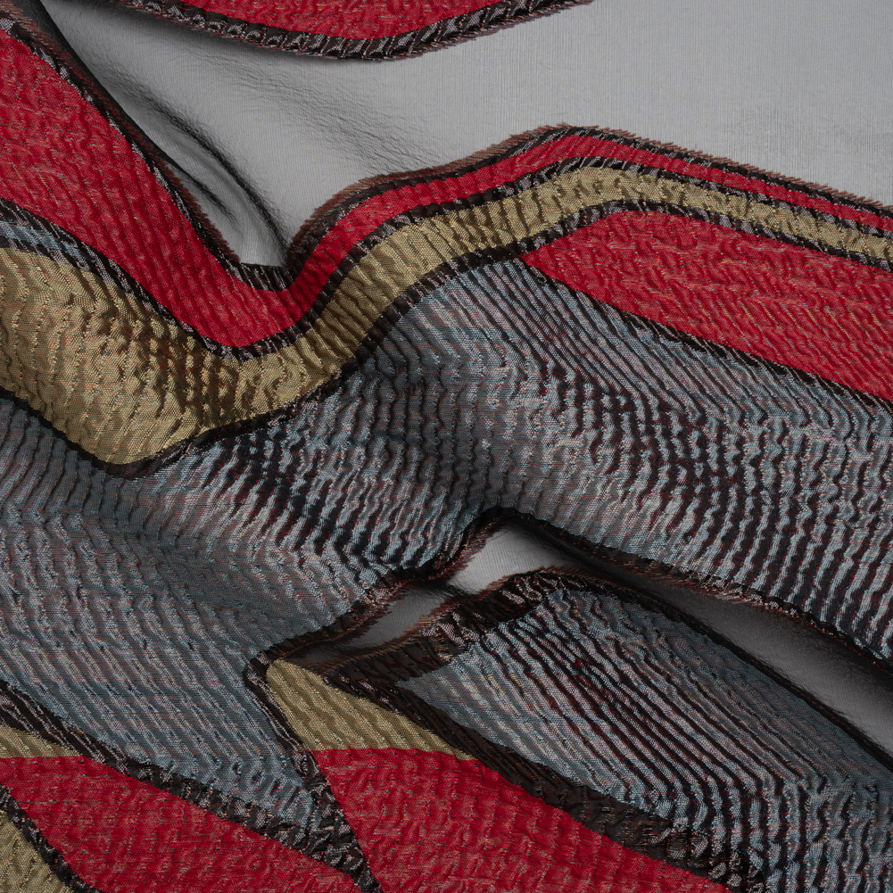 Metallic Rayon and Polyester Burnout Brocade – Tan, Red and Dusty Blue Soft Geometric Abstract Metallic Rayon and Polyester Burnout Brocade – Tan, Red and Dusty Blue Soft Geometric Abstract