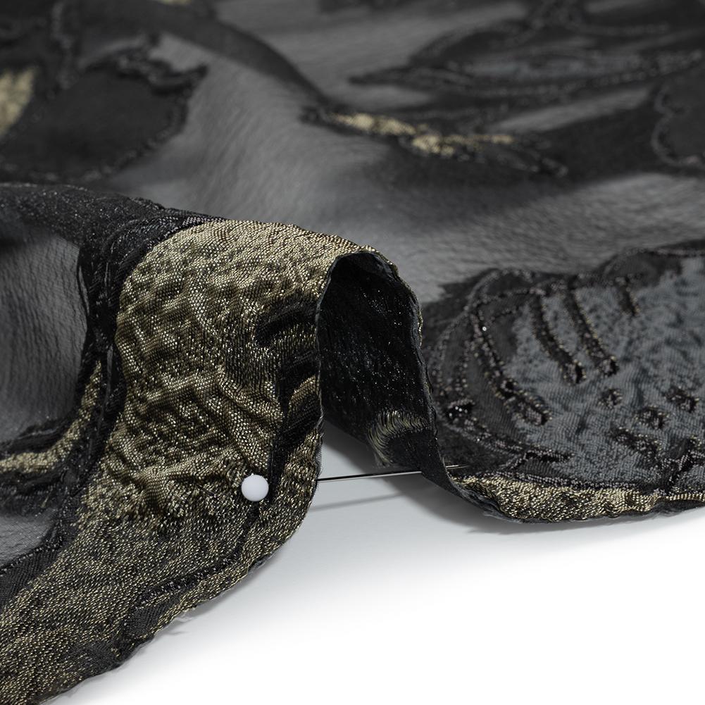 Metallic Polyester and Acetate Burnout Brocade – Olive Green and Black Rose Garden Metallic Polyester and Acetate Burnout Brocade – Olive Green and Black Rose Garden