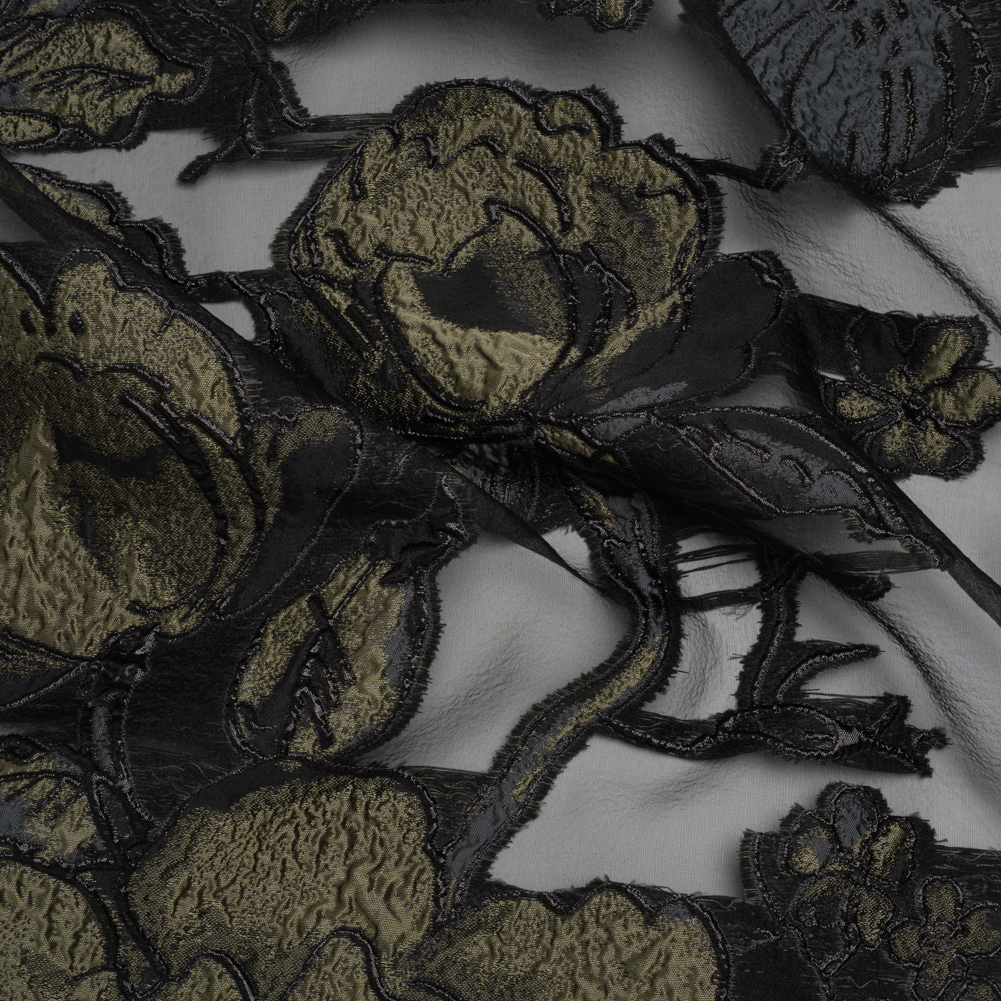 Metallic Polyester and Acetate Burnout Brocade – Olive Green and Black Rose Garden Metallic Polyester and Acetate Burnout Brocade – Olive Green and Black Rose Garden