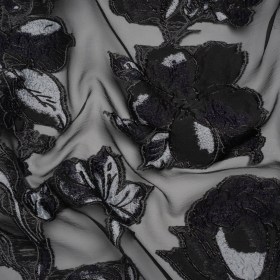 Metallic Polyester and Acetate Burnout Brocade – Light Gray, Midnight Navy and Black Rose Garden Metallic Polyester and Acetate Burnout Brocade – Light Gray, Midnight Navy and Black Rose Garden