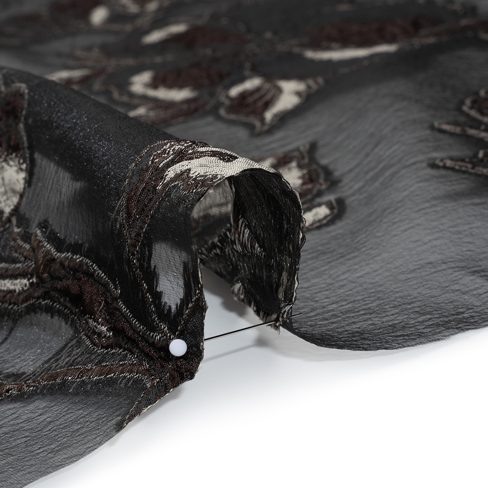 Metallic Polyester and Acetate Burnout Brocade – Beige, Dark Brown and Black Rose Garden Metallic Polyester and Acetate Burnout Brocade – Beige, Dark Brown and Black Rose Garden