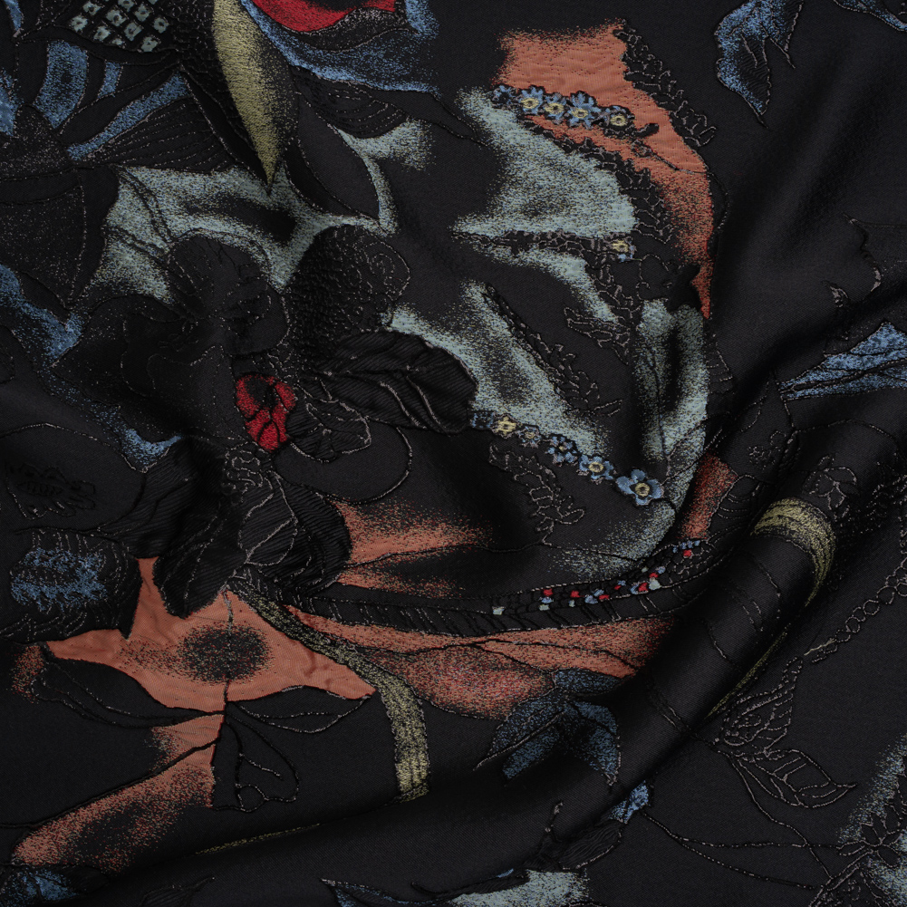 Metallic Rayon and Polyester Brocade Panel – Black, Orange and Blue Flower Bunches Metallic Rayon and Polyester Brocade Panel – Black, Orange and Blue Flower Bunches