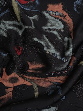 Metallic Rayon and Polyester Brocade Panel – Black, Orange and Blue Flower Bunches Metallic Rayon and Polyester Brocade Panel – Black, Orange and Blue Flower Bunches