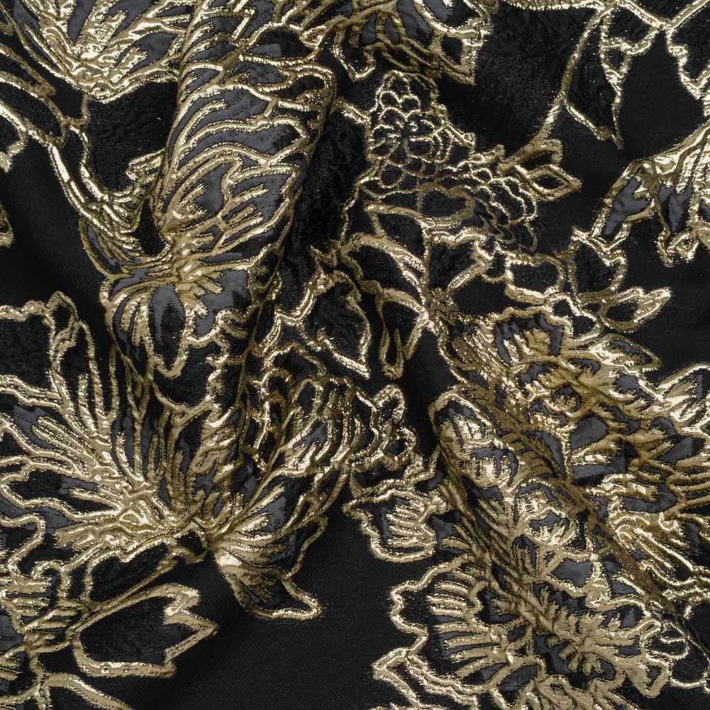 Metallic Polyester Blend Brocade – Black, Charcoal and Gold Fancy Flowers Metallic Polyester Blend Brocade – Black, Charcoal and Gold Fancy Flowers