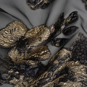 Metallic Polyester Burnout Brocade – Black and Gold Rose Border Metallic Polyester Burnout Brocade – Black and Gold Rose Border