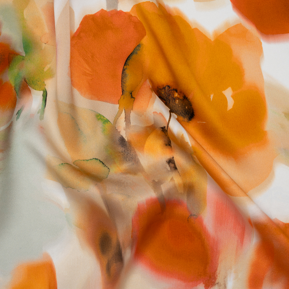Silk Charmeuse Print 16MM, Made in Italy – Orange and Golden Yellow Soft Watercolor Florals Silk Charmeuse Print 16MM, Made in Italy – Orange and Golden Yellow Soft Watercolor Florals