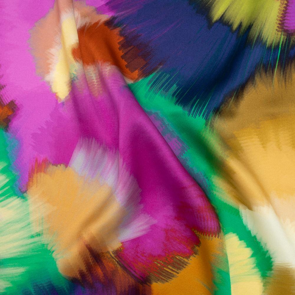Silk Charmeuse Print 16MM, Made in Italy – Fuchsia, Ochre and Blue Painted Bursts Silk Charmeuse Print 16MM, Made in Italy – Fuchsia, Ochre and Blue Painted Bursts