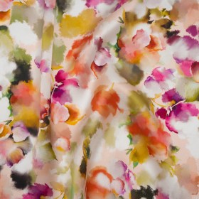 Silk Charmeuse Print 16MM, Made in Italy – Peach, Olive Green and Fuchsia Abstracted Watercolor Flowers Silk Charmeuse Print 16MM, Made in Italy – Peach, Olive Green and Fuchsia Abstracted Watercolor Flowers