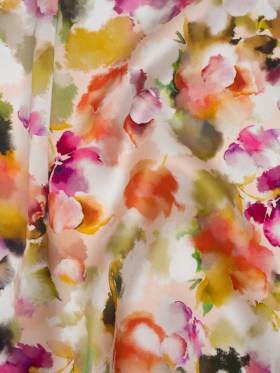 Silk Charmeuse Print 16MM, Made in Italy – Peach, Olive Green and Fuchsia Abstracted Watercolor Flowers Silk Charmeuse Print 16MM, Made in Italy – Peach, Olive Green and Fuchsia Abstracted Watercolor Flowers