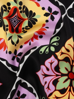 Silk Charmeuse Print 16MM, Made in Italy – Black, Lavender and Pale Yellow Fancy Floral Tiles Silk Charmeuse Print 16MM, Made in Italy – Black, Lavender and Pale Yellow Fancy Floral Tiles