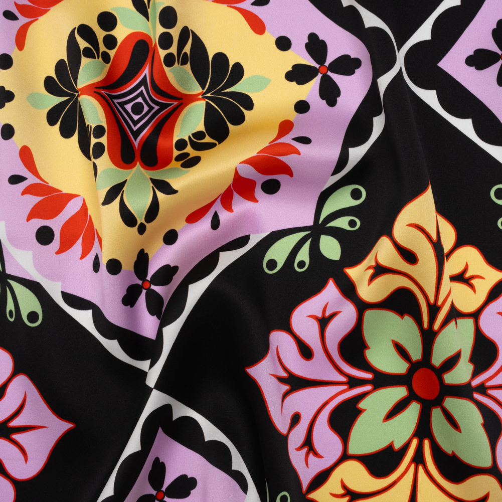 Silk Charmeuse Print 16MM, Made in Italy – Black, Lavender and Pale Yellow Fancy Floral Tiles Silk Charmeuse Print 16MM, Made in Italy – Black, Lavender and Pale Yellow Fancy Floral Tiles