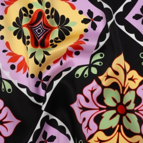 Silk Charmeuse Print 16MM, Made in Italy – Black, Lavender and Pale Yellow Fancy Floral Tiles Silk Charmeuse Print 16MM, Made in Italy – Black, Lavender and Pale Yellow Fancy Floral Tiles