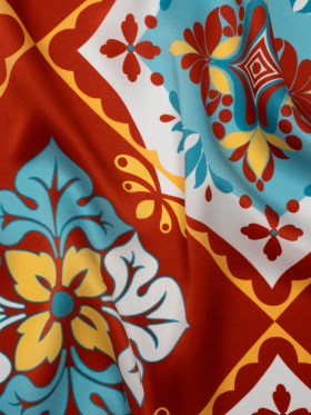 Silk Charmeuse Print 16MM, Made in Italy – Turquoise, Rust Red and Golden Yellow Fancy Floral Tiles Silk Charmeuse Print 16MM, Made in Italy – Turquoise, Rust Red and Golden Yellow Fancy Floral Tiles