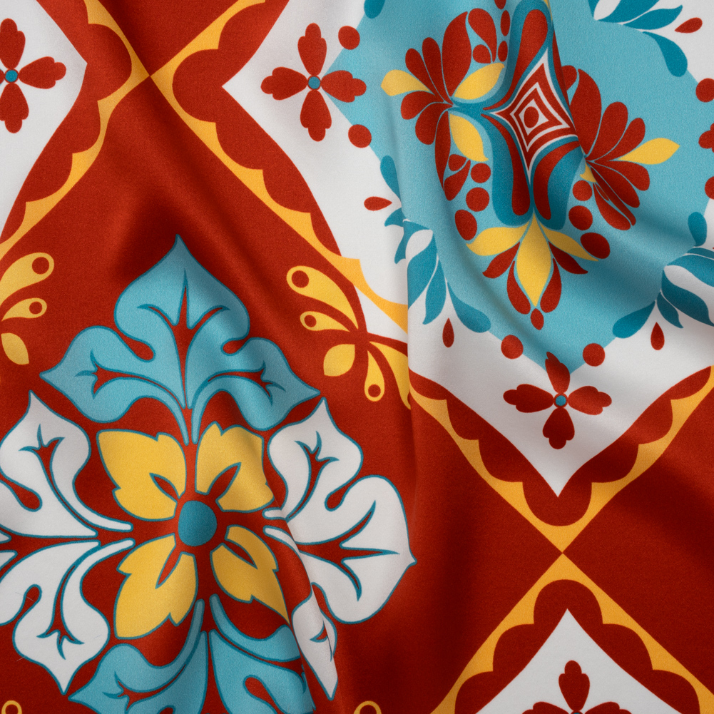 Silk Charmeuse Print 16MM, Made in Italy – Turquoise, Rust Red and Golden Yellow Fancy Floral Tiles Silk Charmeuse Print 16MM, Made in Italy – Turquoise, Rust Red and Golden Yellow Fancy Floral Tiles