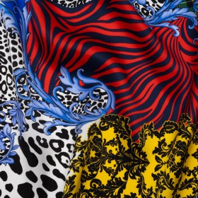 Silk Charmeuse Print 16MM, Made in Italy – Red, Yellow and Blue Floral Scrolls and Patterned Patchwork with Greek Key Border Silk Charmeuse Print 16MM, Made in Italy – Red, Yellow and Blue Floral Scrolls and Patterned Patchwork with Greek Key Border