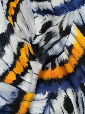 Silk Charmeuse Print 16MM, Made in Italy – Golden Yellow, Navy Blue and Light Gray Butterfly Wings Silk Charmeuse Print 16MM, Made in Italy – Golden Yellow, Navy Blue and Light Gray Butterfly Wings
