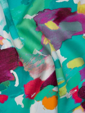 Silk Charmeuse Print 16MM, Made in Italy – Sea Green, Fuchsia and Yellow Painterly Abstract Silk Charmeuse Print 16MM, Made in Italy – Sea Green, Fuchsia and Yellow Painterly Abstract