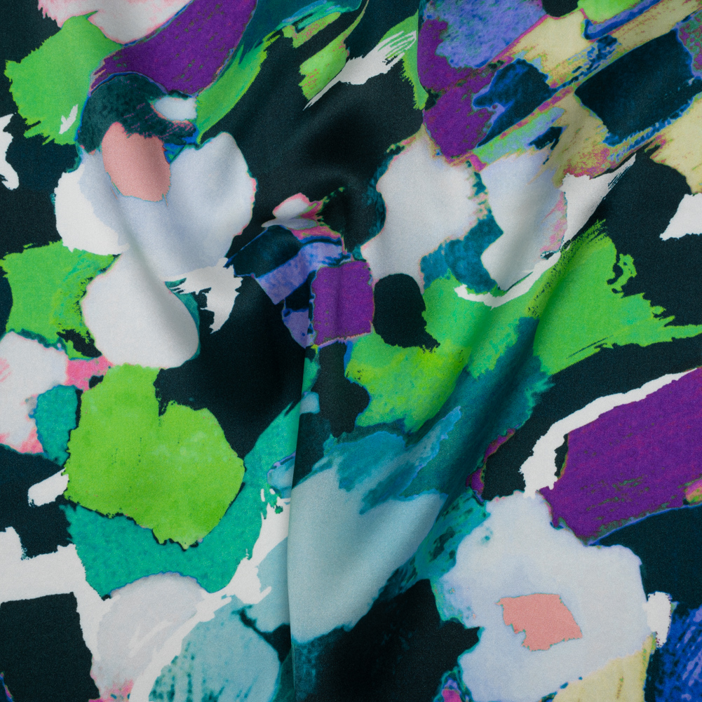 Silk Charmeuse Print 16MM, Made in Italy – Dark Teal, Lime Green and Purple Painterly Abstract Silk Charmeuse Print 16MM, Made in Italy – Dark Teal, Lime Green and Purple Painterly Abstract
