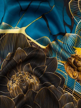 Silk Charmeuse Panel 16MM, Made in Italy – Turquoise, Teal and Gold Linework Flowers and Gemstones Silk Charmeuse Panel 16MM, Made in Italy – Turquoise, Teal and Gold Linework Flowers and Gemstones