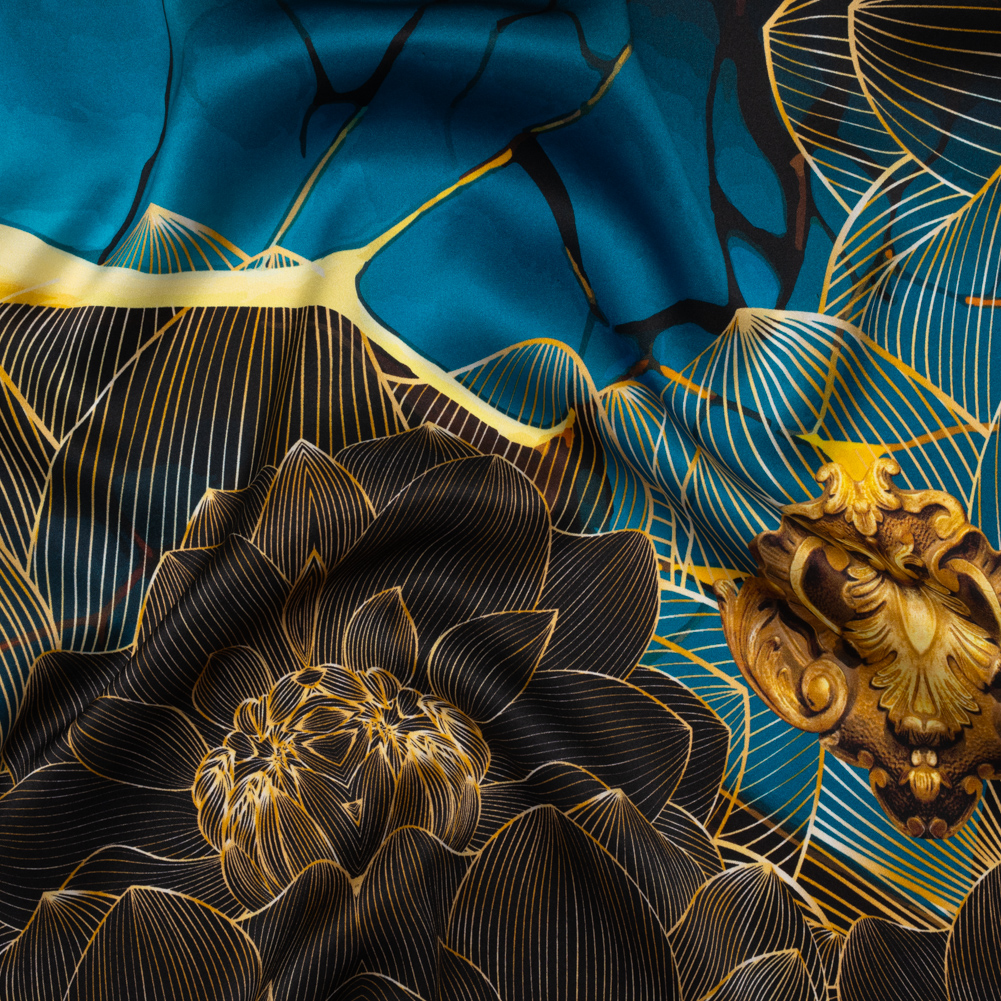 Silk Charmeuse Panel 16MM, Made in Italy – Turquoise, Teal and Gold Linework Flowers and Gemstones Silk Charmeuse Panel 16MM, Made in Italy – Turquoise, Teal and Gold Linework Flowers and Gemstones