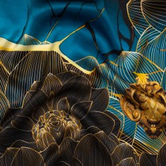 Silk Charmeuse Panel 16MM, Made in Italy – Turquoise, Teal and Gold Linework Flowers and Gemstones Silk Charmeuse Panel 16MM, Made in Italy – Turquoise, Teal and Gold Linework Flowers and Gemstones