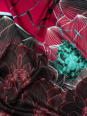 Silk Charmeuse Panel 16MM, Made in Italy – Dark Berry Pink, Coppy Oxide Green and Black Linework Flowers and Gemstones Silk Charmeuse Panel 16MM, Made in Italy – Dark Berry Pink, Coppy Oxide Green and Black Linework Flowers and Gemstones