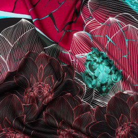 Silk Charmeuse Panel 16MM, Made in Italy – Dark Berry Pink, Coppy Oxide Green and Black Linework Flowers and Gemstones Silk Charmeuse Panel 16MM, Made in Italy – Dark Berry Pink, Coppy Oxide Green and Black Linework Flowers and Gemstones