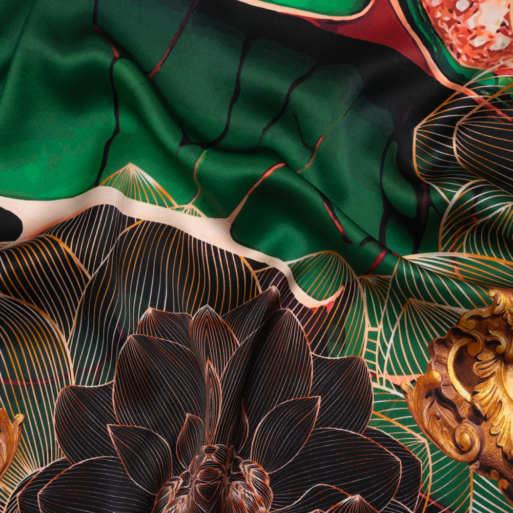 Silk Charmeuse Panel 16MM, Made in Italy – Orange, Dark Green and Black Linework Flowers and Gemstones Silk Charmeuse Panel 16MM, Made in Italy – Orange, Dark Green and Black Linework Flowers and Gemstones