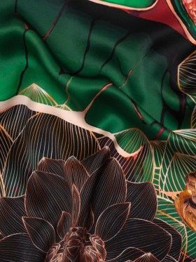 Silk Charmeuse Panel 16MM, Made in Italy – Orange, Dark Green and Black Linework Flowers and Gemstones Silk Charmeuse Panel 16MM, Made in Italy – Orange, Dark Green and Black Linework Flowers and Gemstones
