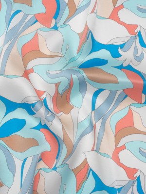Silk Charmeuse Print 16MM, Made in Italy – Aqua Blue, Tan and Coral Pink Retro Lily Florals Silk Charmeuse Print 16MM, Made in Italy – Aqua Blue, Tan and Coral Pink Retro Lily Florals