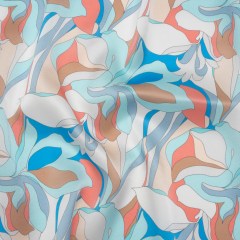 Silk Charmeuse Print 16MM, Made in Italy – Aqua Blue, Tan and Coral Pink Retro Lily Florals Silk Charmeuse Print 16MM, Made in Italy – Aqua Blue, Tan and Coral Pink Retro Lily Florals