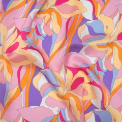 Silk Charmeuse Print 16MM, Made in Italy – Pink, Purple and Pastel Yellow Retro Lily Florals Silk Charmeuse Print 16MM, Made in Italy – Pink, Purple and Pastel Yellow Retro Lily Florals