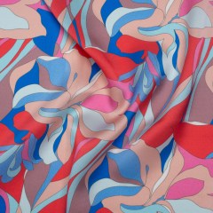 Silk Charmeuse Print 16MM, Made in Italy – Peach, Cobalt Blue and Red Retro Lily Florals Silk Charmeuse Print 16MM, Made in Italy – Peach, Cobalt Blue and Red Retro Lily Florals
