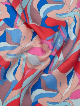 Silk Charmeuse Print 16MM, Made in Italy – Peach, Cobalt Blue and Red Retro Lily Florals Silk Charmeuse Print 16MM, Made in Italy – Peach, Cobalt Blue and Red Retro Lily Florals