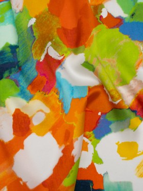 Silk Charmeuse Print 16MM, Made in Italy – Orange, Lime Green and Blue Painterly Abstract Silk Charmeuse Print 16MM, Made in Italy – Orange, Lime Green and Blue Painterly Abstract