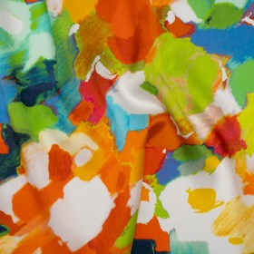 Silk Charmeuse Print 16MM, Made in Italy – Orange, Lime Green and Blue Painterly Abstract Silk Charmeuse Print 16MM, Made in Italy – Orange, Lime Green and Blue Painterly Abstract