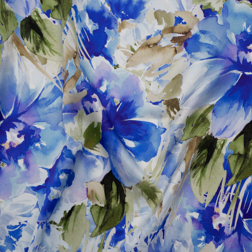 Silk Charmeuse Print 16MM, Made in Italy – Ultramarine Blue and Olive Green Watercolor Flower Garden Silk Charmeuse Print 16MM, Made in Italy – Ultramarine Blue and Olive Green Watercolor Flower Garden