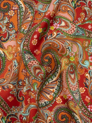 Silk Charmeuse Print 16MM, Made in Italy – Red, Orange and Green Fancy Paisley Silk Charmeuse Print 16MM, Made in Italy – Red, Orange and Green Fancy Paisley