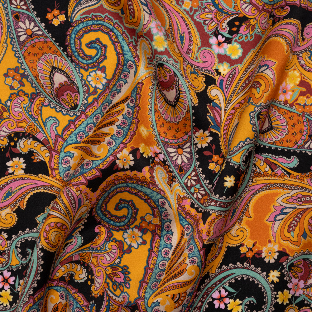 Silk Charmeuse Print 16MM, Made in Italy – Golden Orange, Mint and Black Fancy Paisley Silk Charmeuse Print 16MM, Made in Italy – Golden Orange, Mint and Black Fancy Paisley