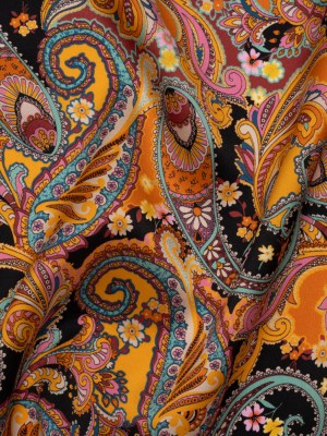 Silk Charmeuse Print 16MM, Made in Italy – Golden Orange, Mint and Black Fancy Paisley Silk Charmeuse Print 16MM, Made in Italy – Golden Orange, Mint and Black Fancy Paisley