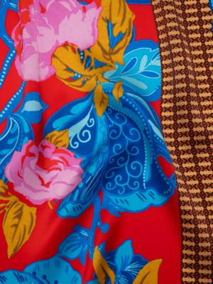 Silk Charmeuse Print 16MM, Made in Italy – Red, Blue and Gold Floral and Abstract Stripes Silk Charmeuse Print 16MM, Made in Italy – Red, Blue and Gold Floral and Abstract Stripes