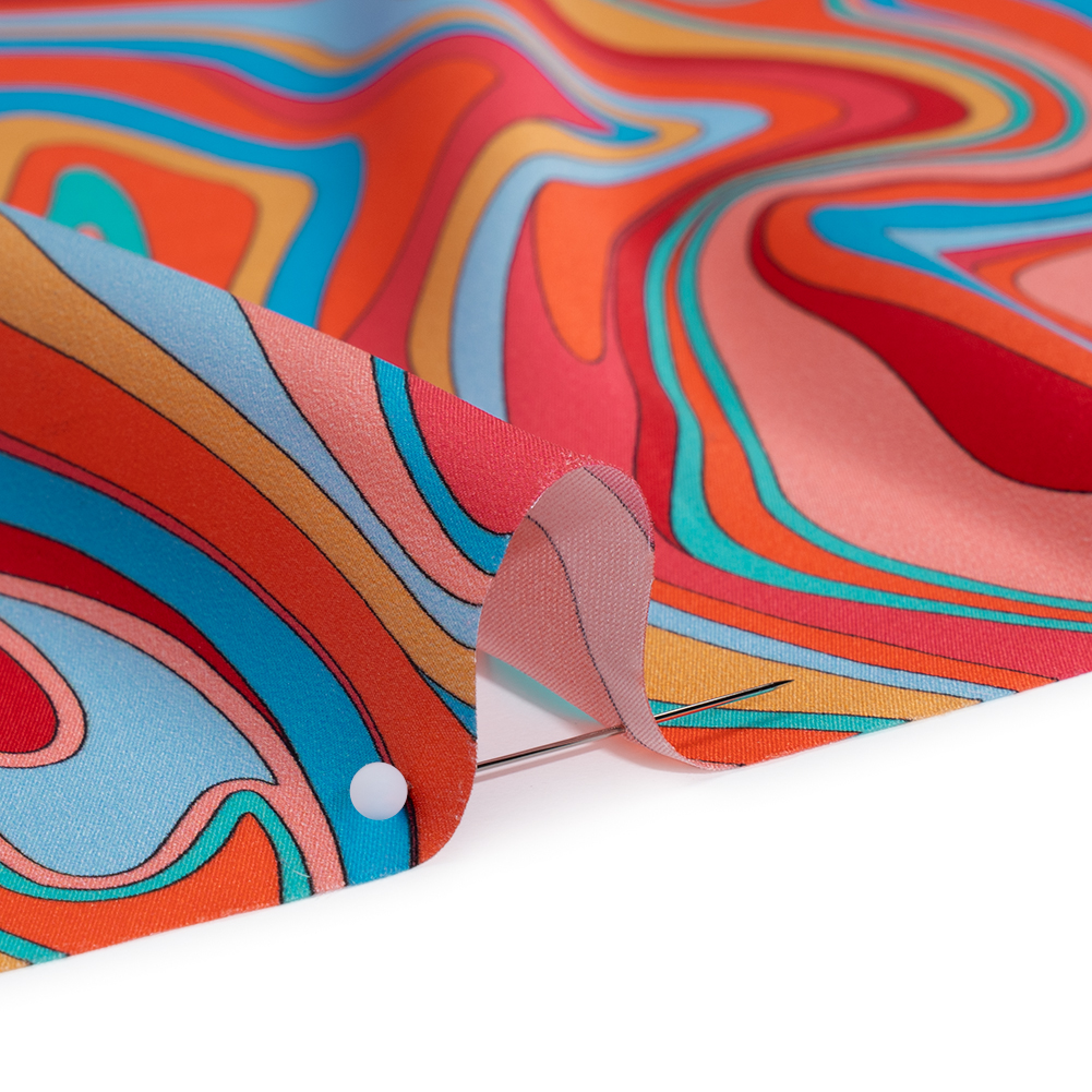 Silk Charmeuse Print 16MM, Made in Italy – Orange, Red and Blue Retro Swirls Silk Charmeuse Print 16MM, Made in Italy – Orange, Red and Blue Retro Swirls